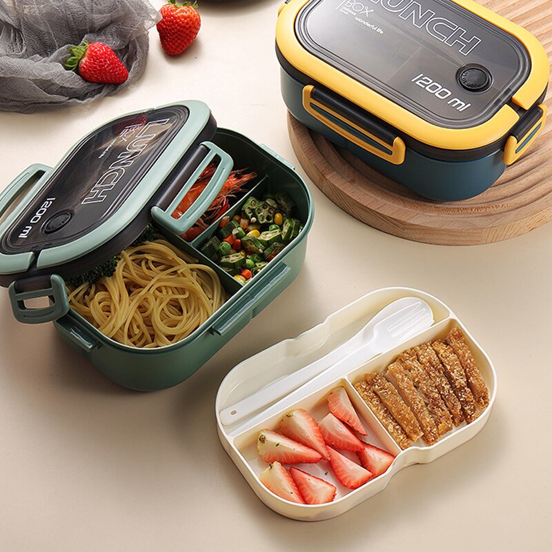 Boîte à lunch simple à double couche Boîte à lunch micro-ondes avec  fourchette et cuillère Boîte fraîche pour pique-nique portative avec  compartiment